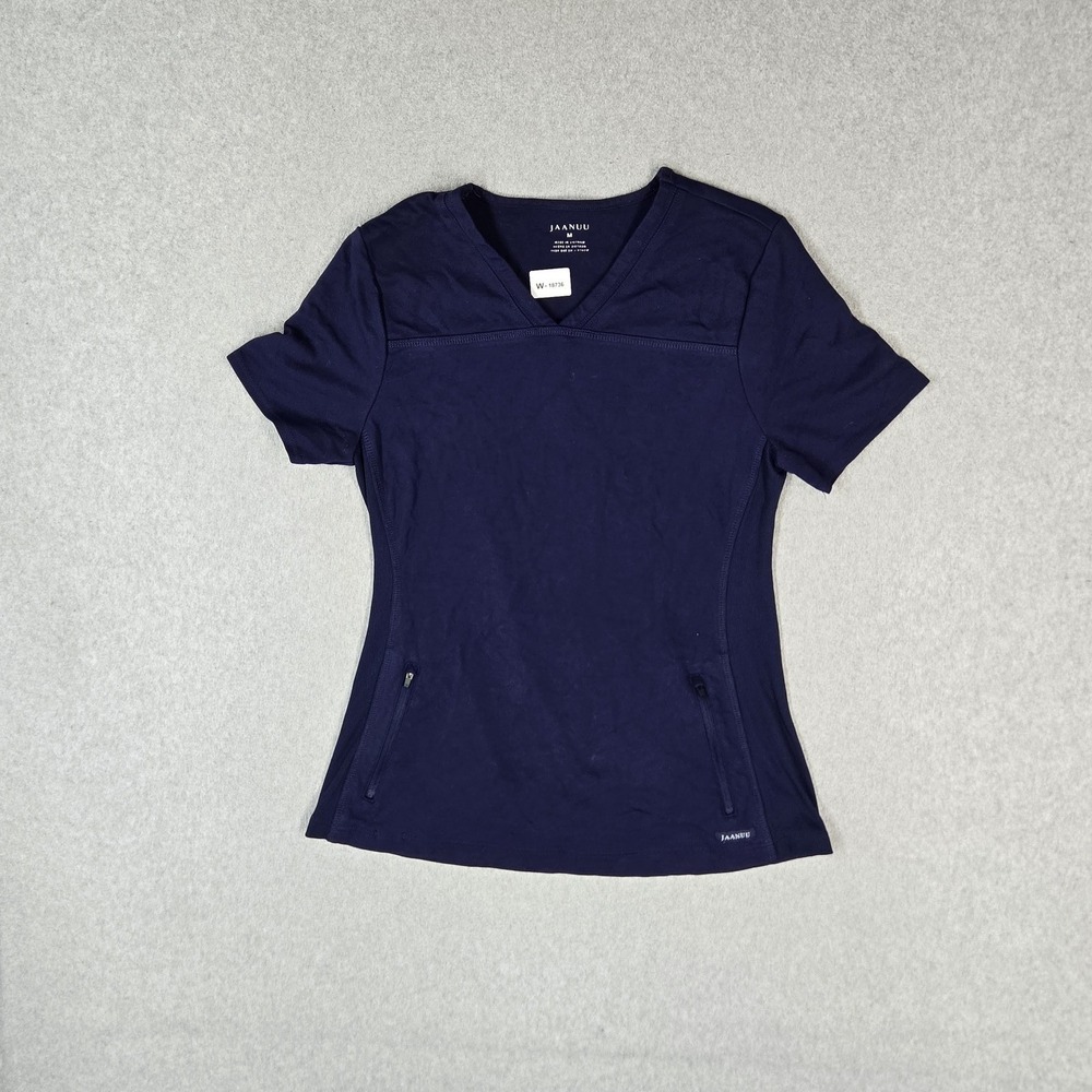 Jaanuu Women Scrub Top M Navy J96156 Zipper PO#LN OCT124 Logo Short Sleeve